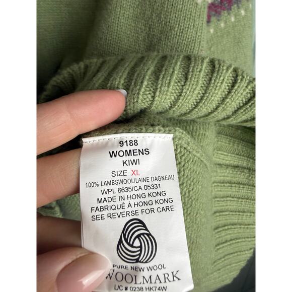 Vintage Woolrich Women’s XL Lambswool Quarter Zip Sweater Green Fair Isle Trim - Picture 6 of 7